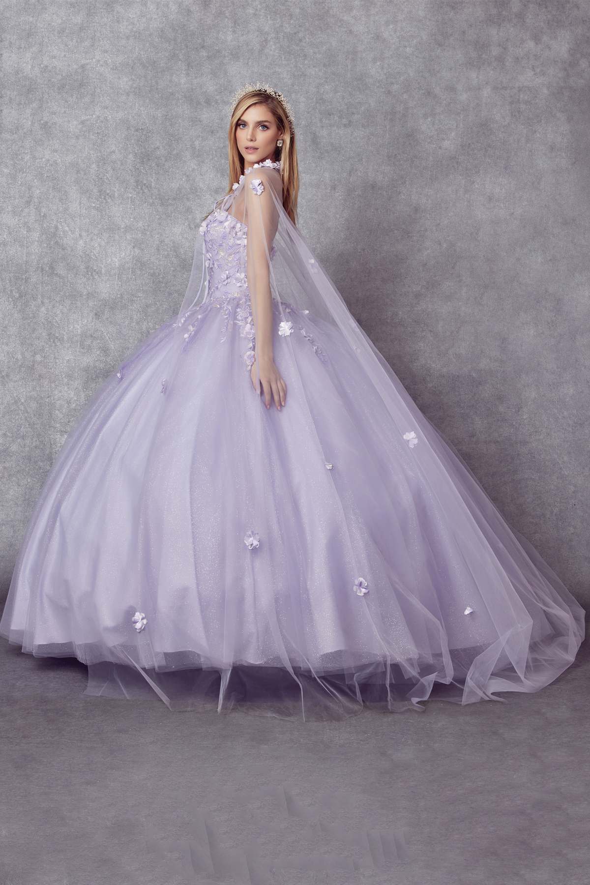 Lilac A-line ball gown with sheer cap sleeves, 3D floral details, and full tulle skirt
