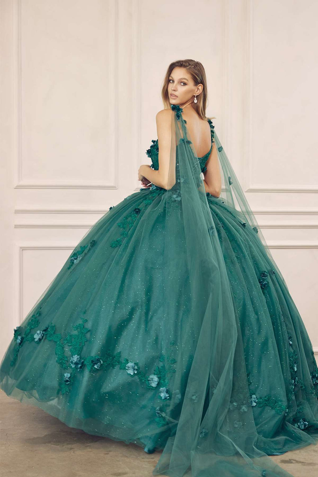 Emerald green ball gown with floral beading on bodice, A-line tulle skirt, matching tulle veil