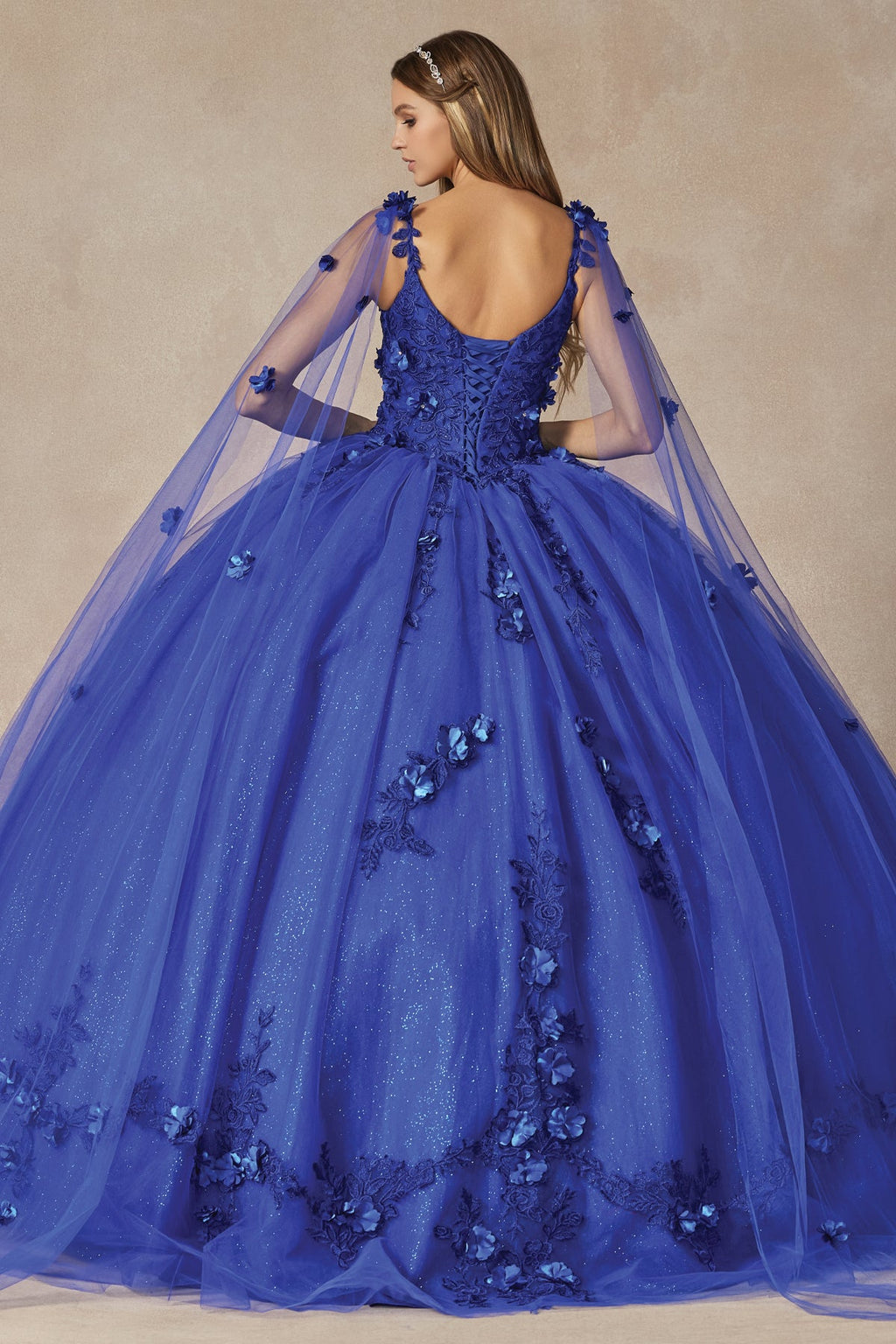 Blue A-line ball gown with embroidered bodice and tulle puff skirt