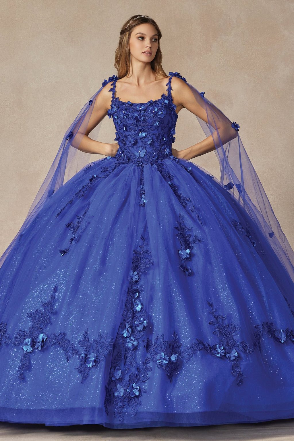A-line ball quinceanera gown in royal blue with floral appliques, illusion sleeves, full tulle skirt