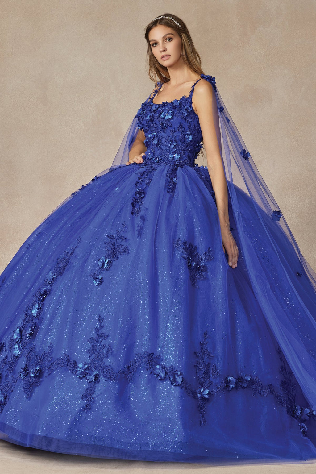 A-line ball quinceanera gown in royal blue with floral appliques, sleeveless bodice, full tulle skirt