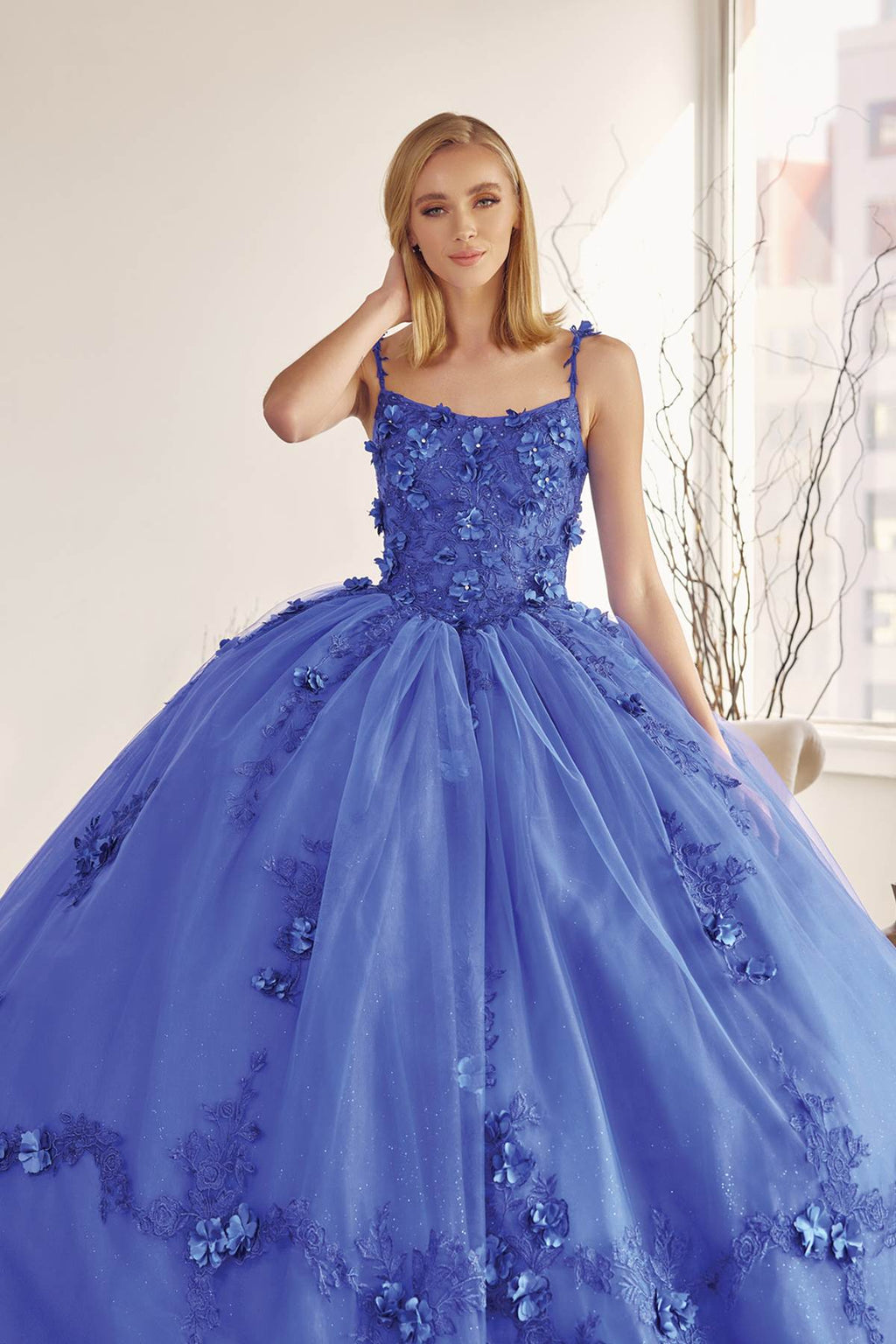 A-line ball quinceanera gown in royal blue with floral appliques, sleeveless bodice, layered tulle skirt