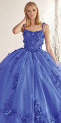 A-line ball quinceanera gown in royal blue with floral 3D appliques, sleeveless bodice, full tulle skirt
