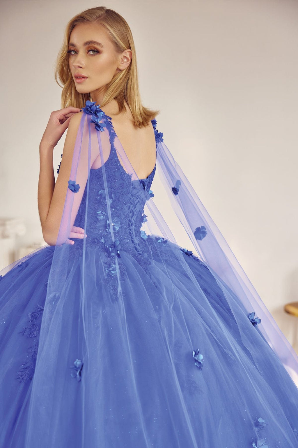 A-line ball gown in royal blue with floral appliques, sheer shoulder panel, full tulle skirt