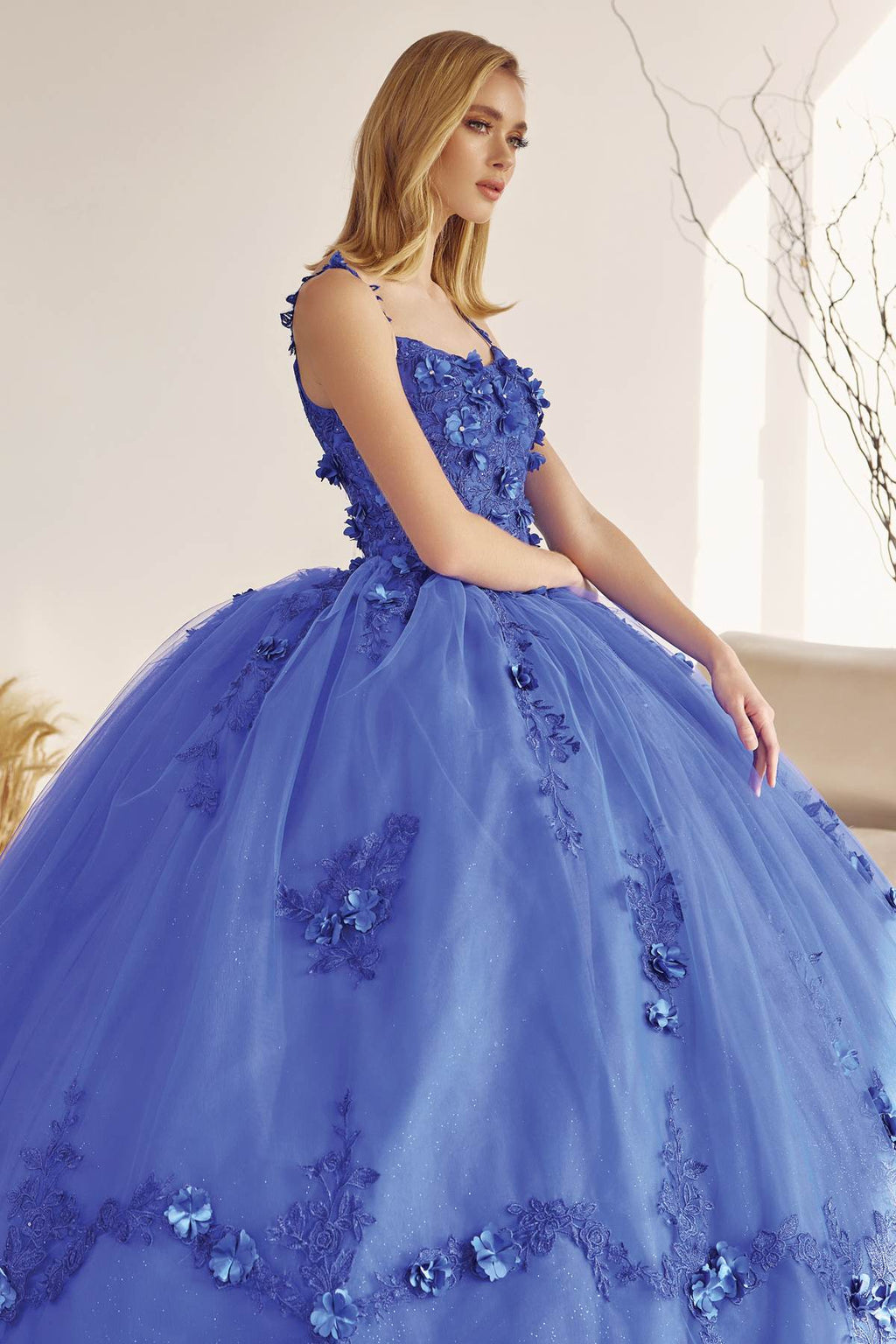 A-line ball quinceanera gown in royal blue with floral appliques, V-back straps, full tulle skirt