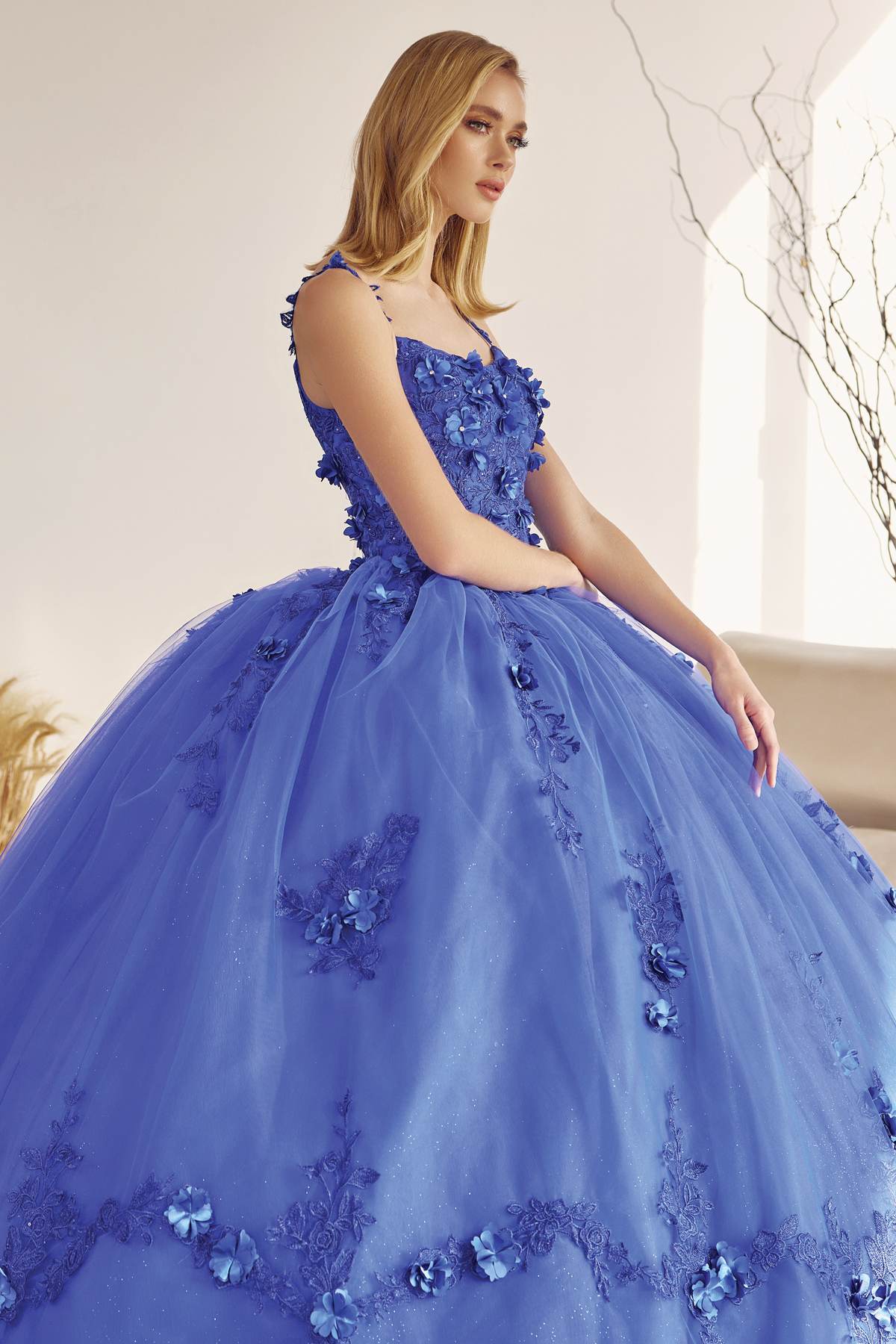 A-line ball quinceanera gown in royal blue with floral appliques, V-back straps, full tulle skirt