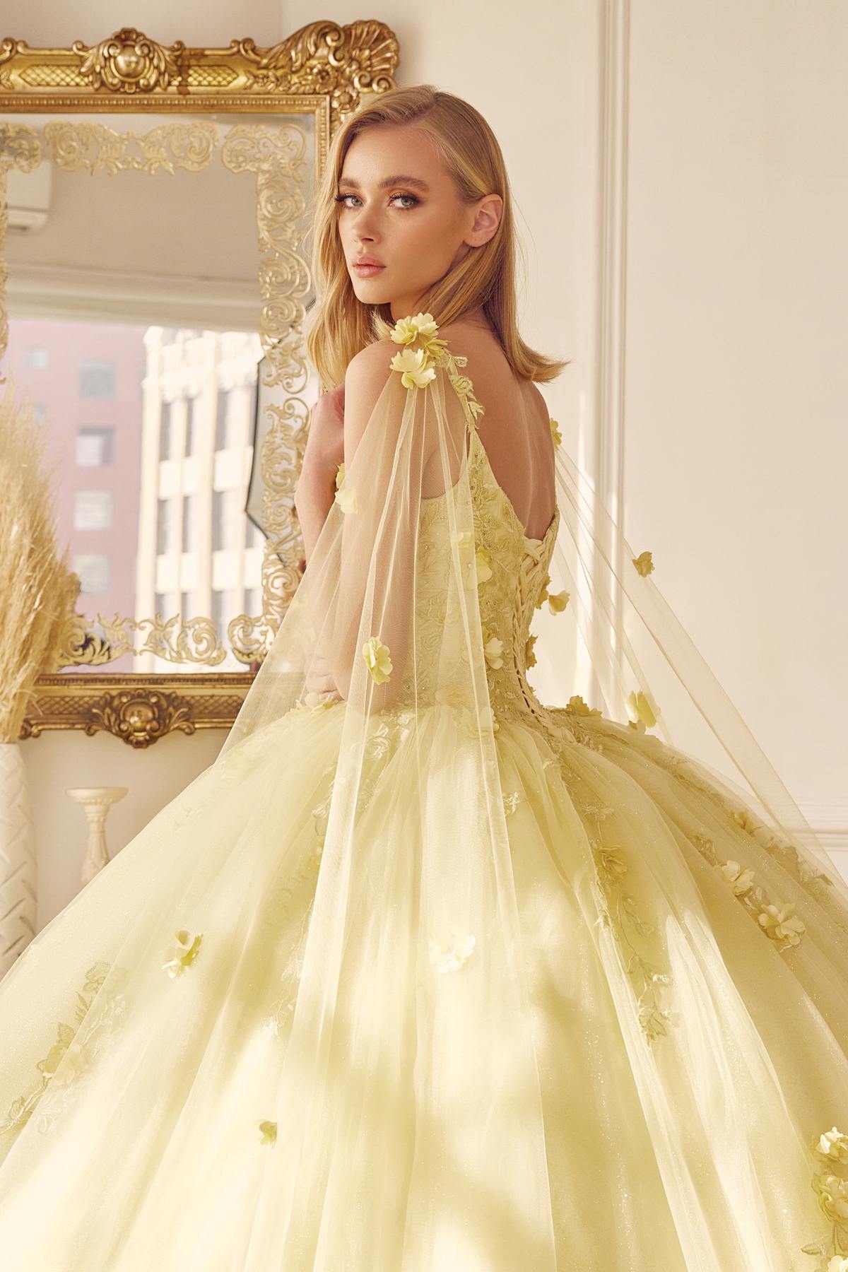 A-line ball gown in pale yellow with gold appliques, spaghetti straps, layered tulle skirt