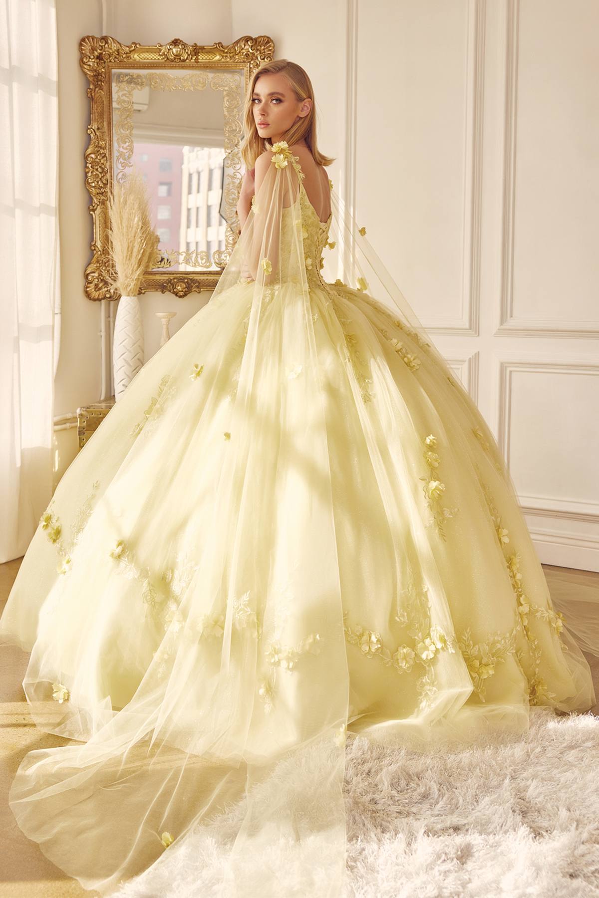 Yellow quinceanera gown with glitter floral bodice, voluminous A-line tulle skirt, veil