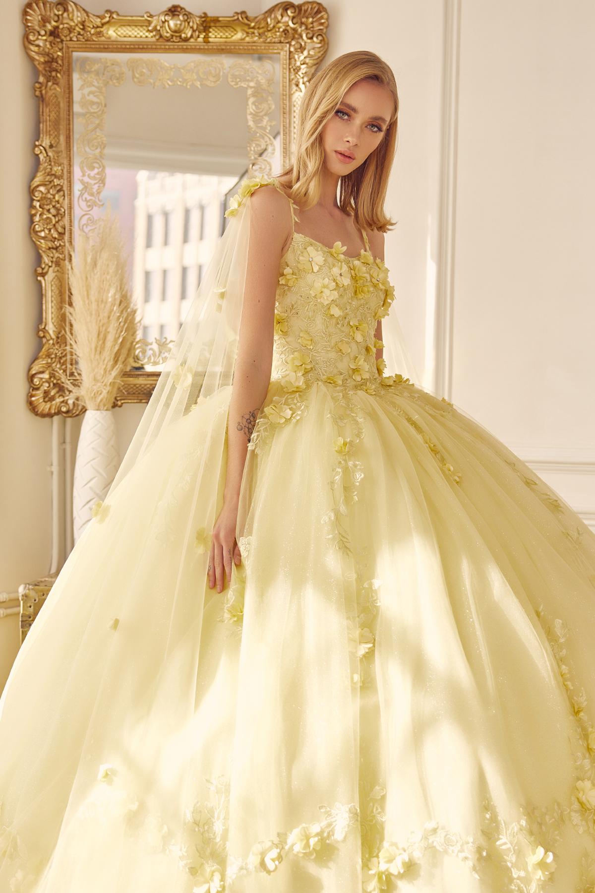 Yellow A-line ball gown with embellished bodice and sparkling floral details on tulle skirt