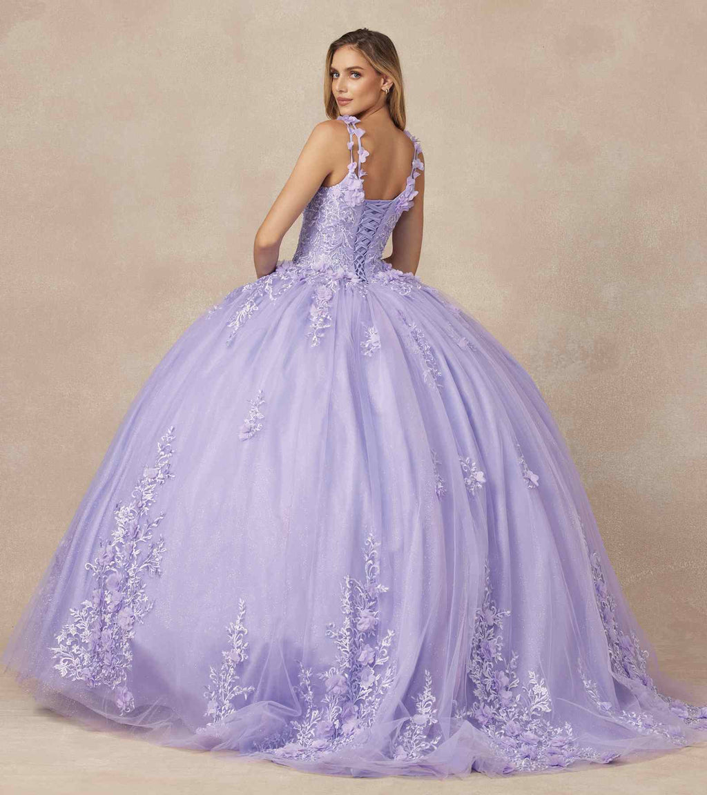 Lilac quinceanera ball gown back view, lace bodice with 3D floral details