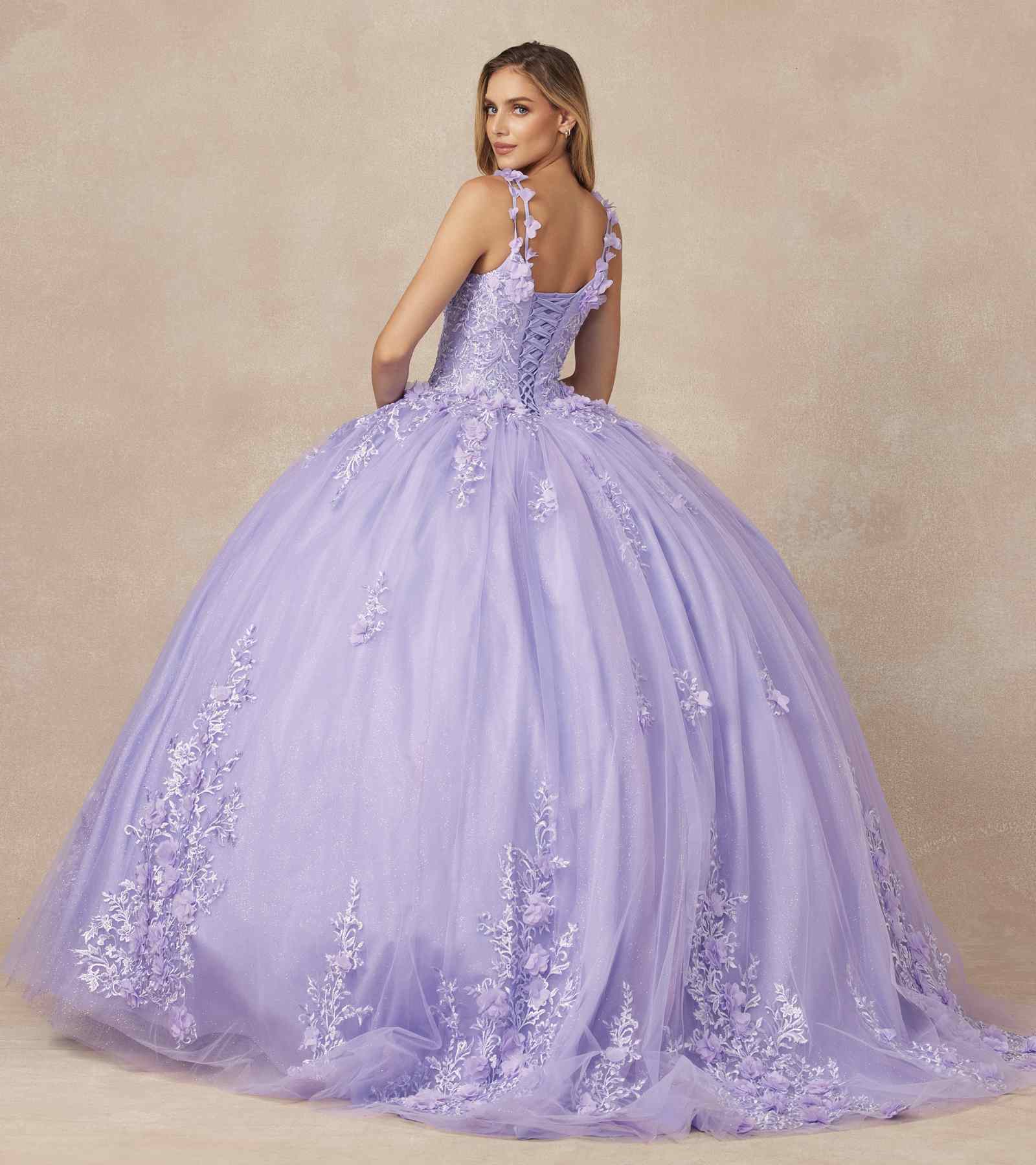 Lilac quinceanera ball gown back view, lace bodice with 3D floral details