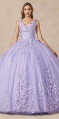 Lilac ball gown with 3D floral applique, V-neck bodice, sleeveless full skirt