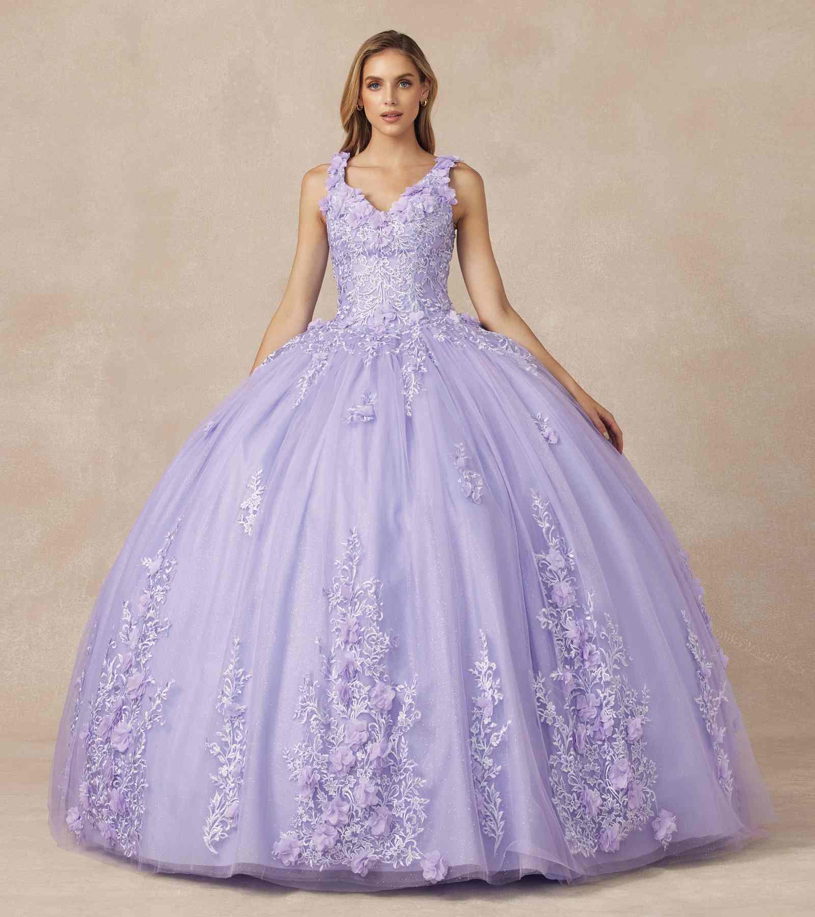 Lilac floral applique ball gown with V-neck, fitted waist, voluminous tulle skirt
