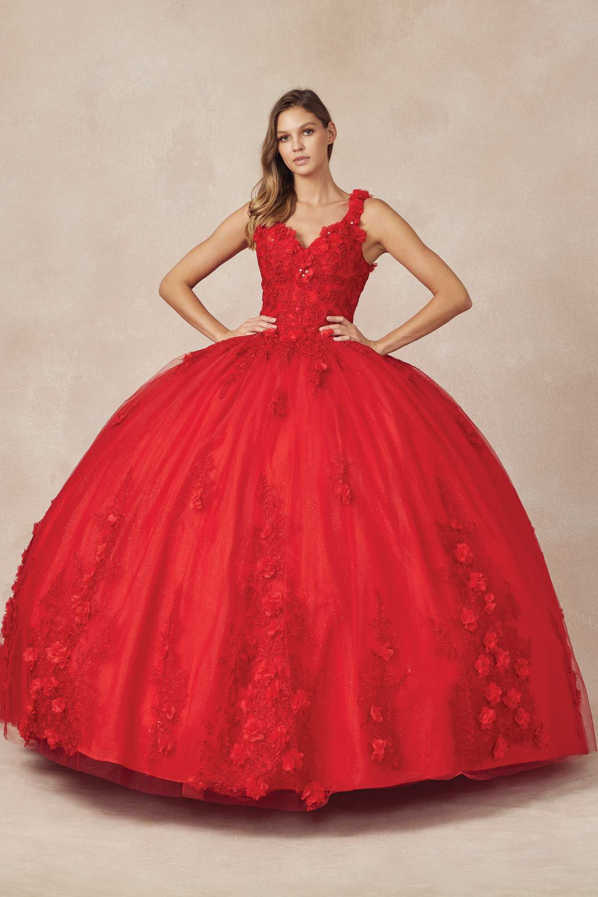 Red quinceanera ball gown with floral appliques and 3D blossoms, full skirt