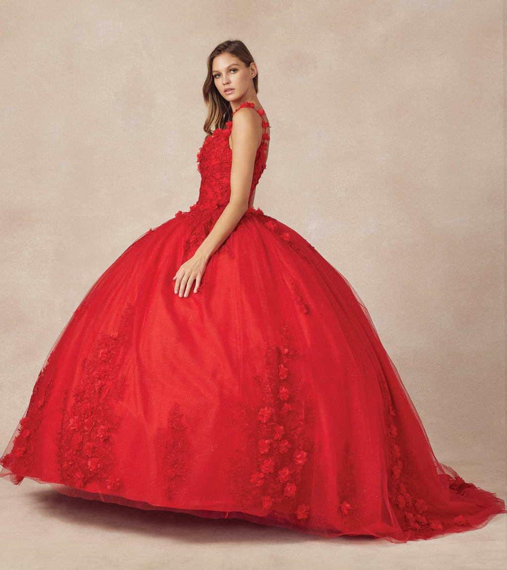 Red quinceanera ball gown with floral appliques and 3D blossoms, side profile