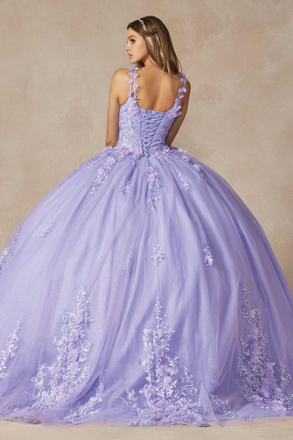 Lilac ball gown back view, lace bodice with 3D floral appliques, full skirt