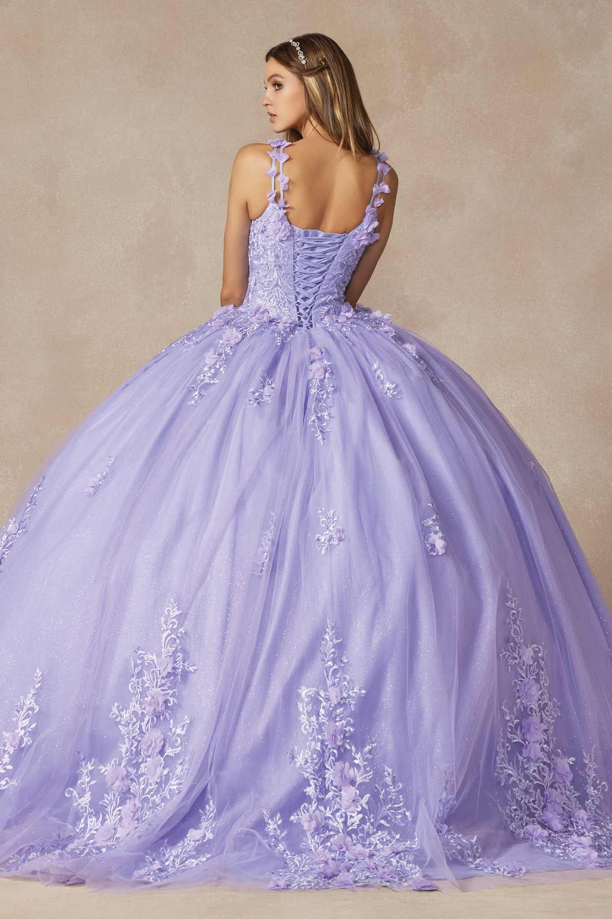 Lilac ball gown back view, lace bodice with 3D floral appliques, full skirt