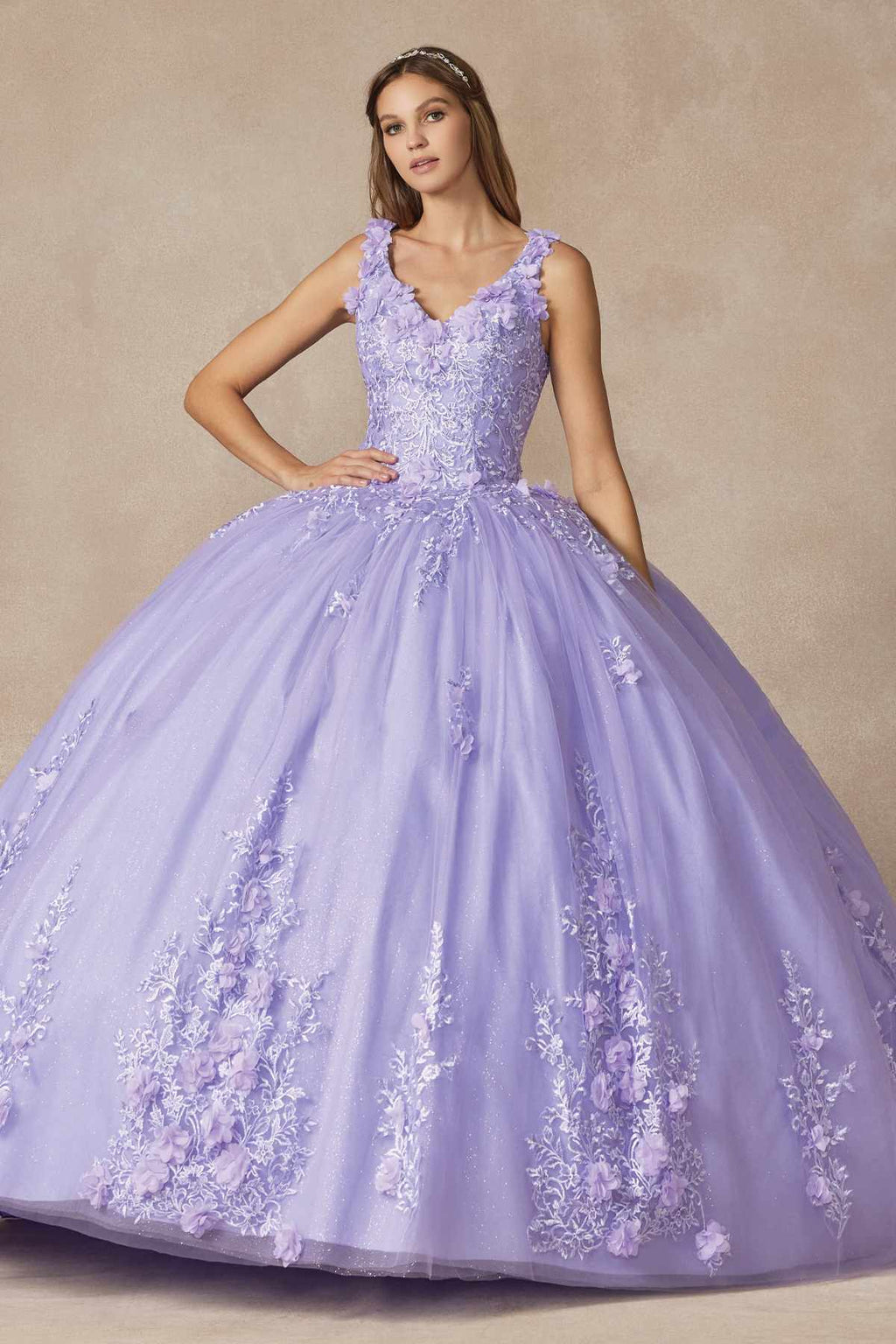 Lilac ball gown with sleeveless lace bodice and floral appliques, full twirly skirt