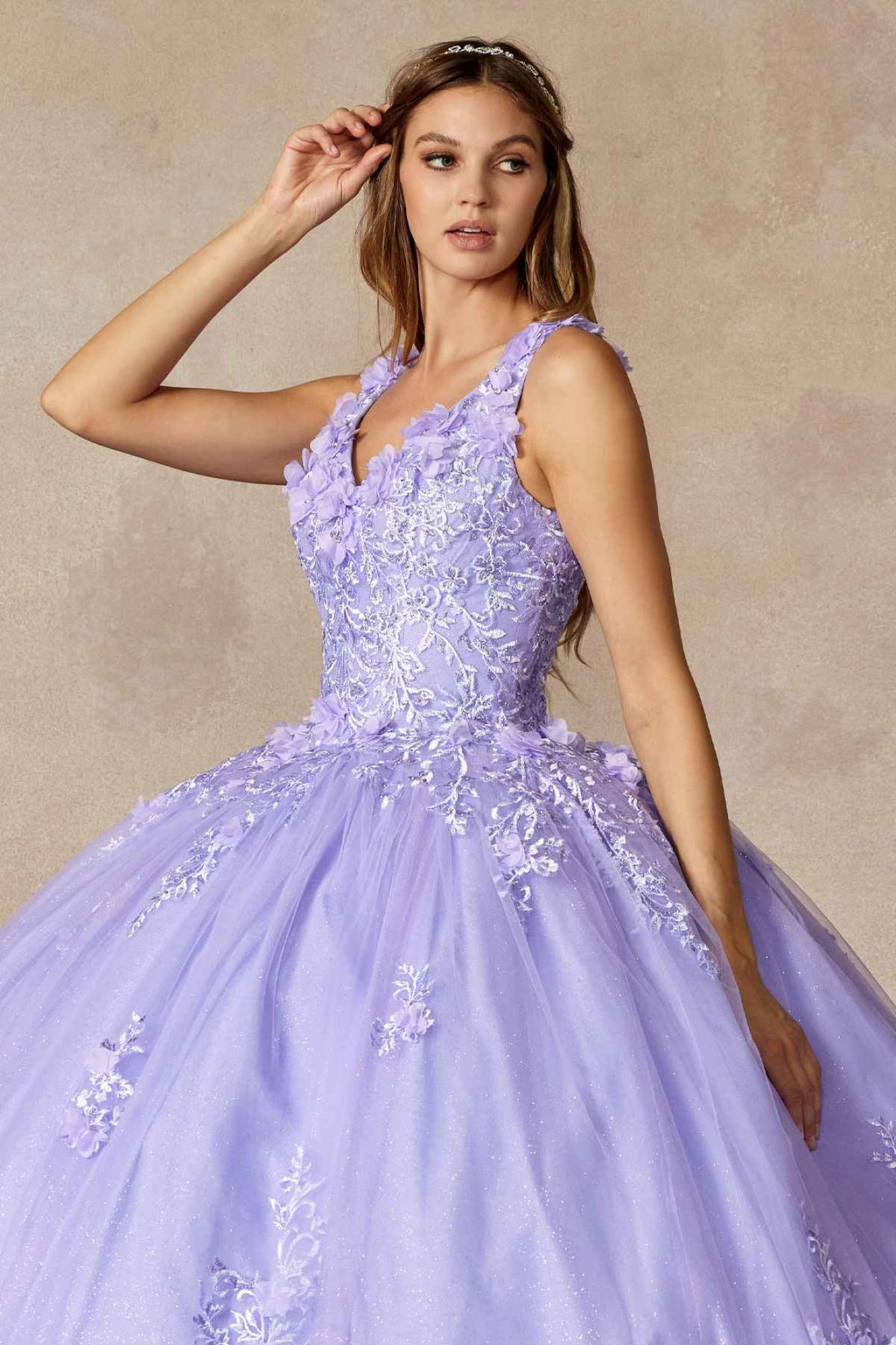 Lilac ball gown with V-neck lace bodice and 3D floral applique on full skirt