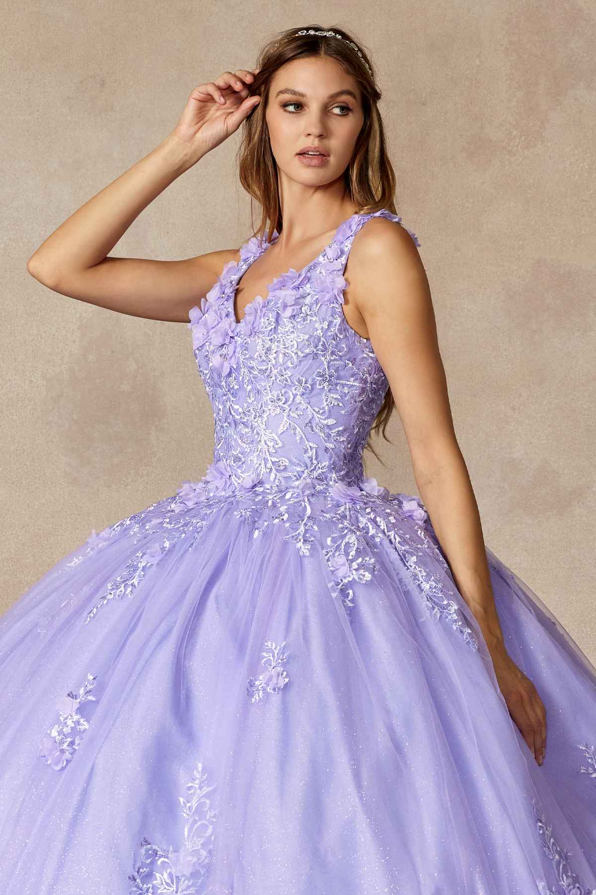 Lilac ball gown with V-neck lace bodice and 3D floral applique on full skirt