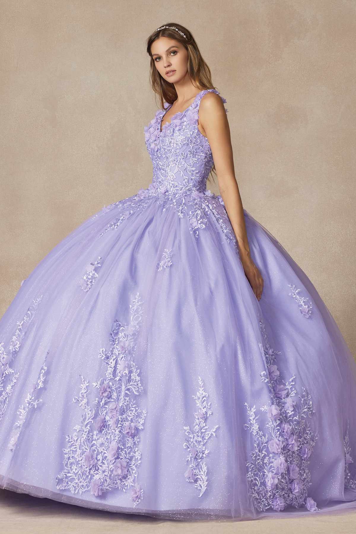 Lilac ball gown with deep V neckline, floral lace embroidery, layered tulle skirt