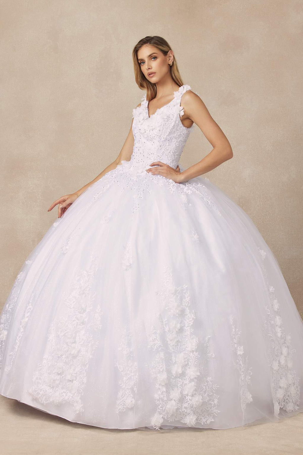 White quinceanera ball gown with floral appliques and 3D details, fitted bodice to skirt