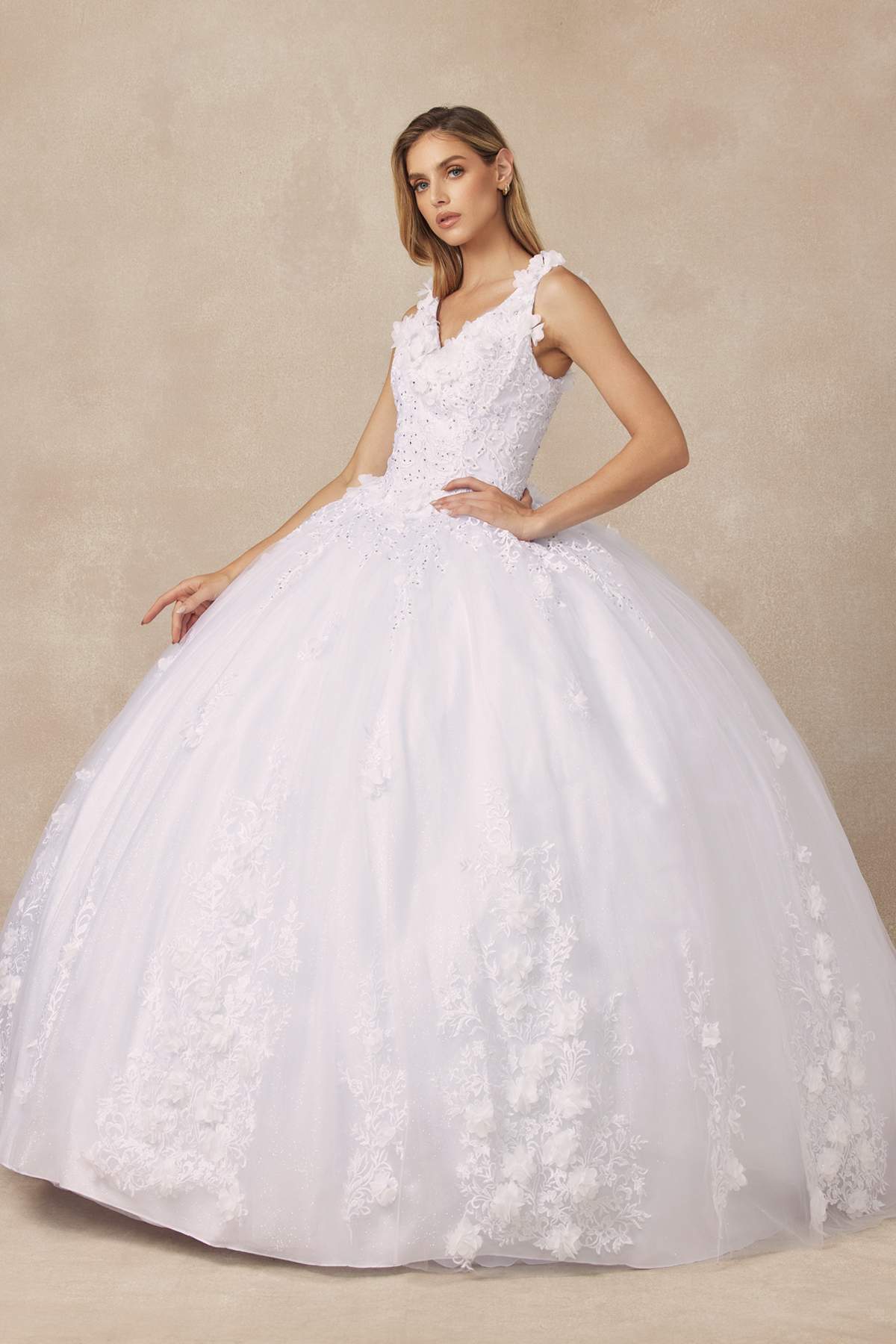 White quinceanera ball gown with floral appliques and 3D details, fitted bodice to skirt