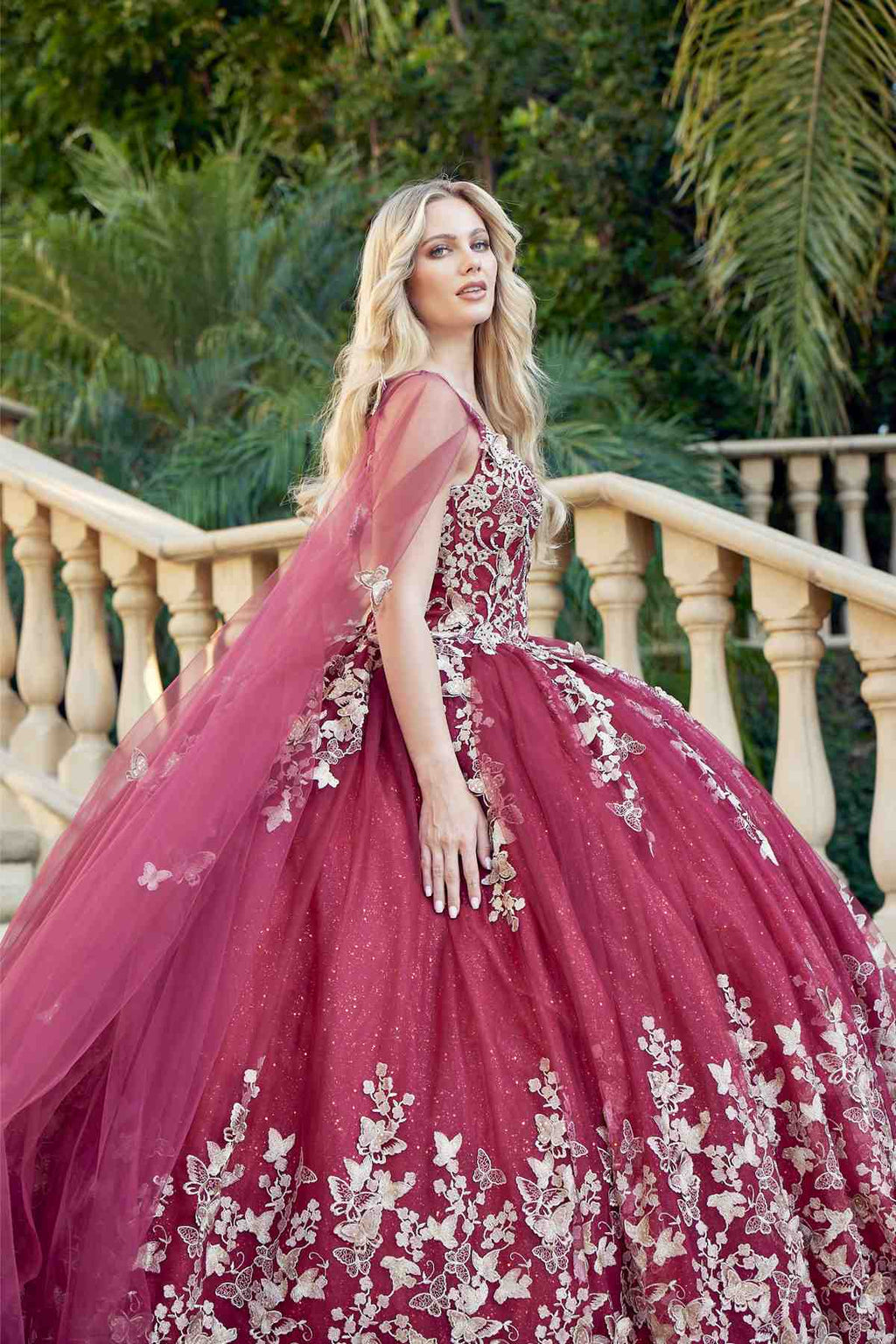 Burgundy quinceanera dress with 3D butterfly appliques, sheer tulle sleeves and full skirt