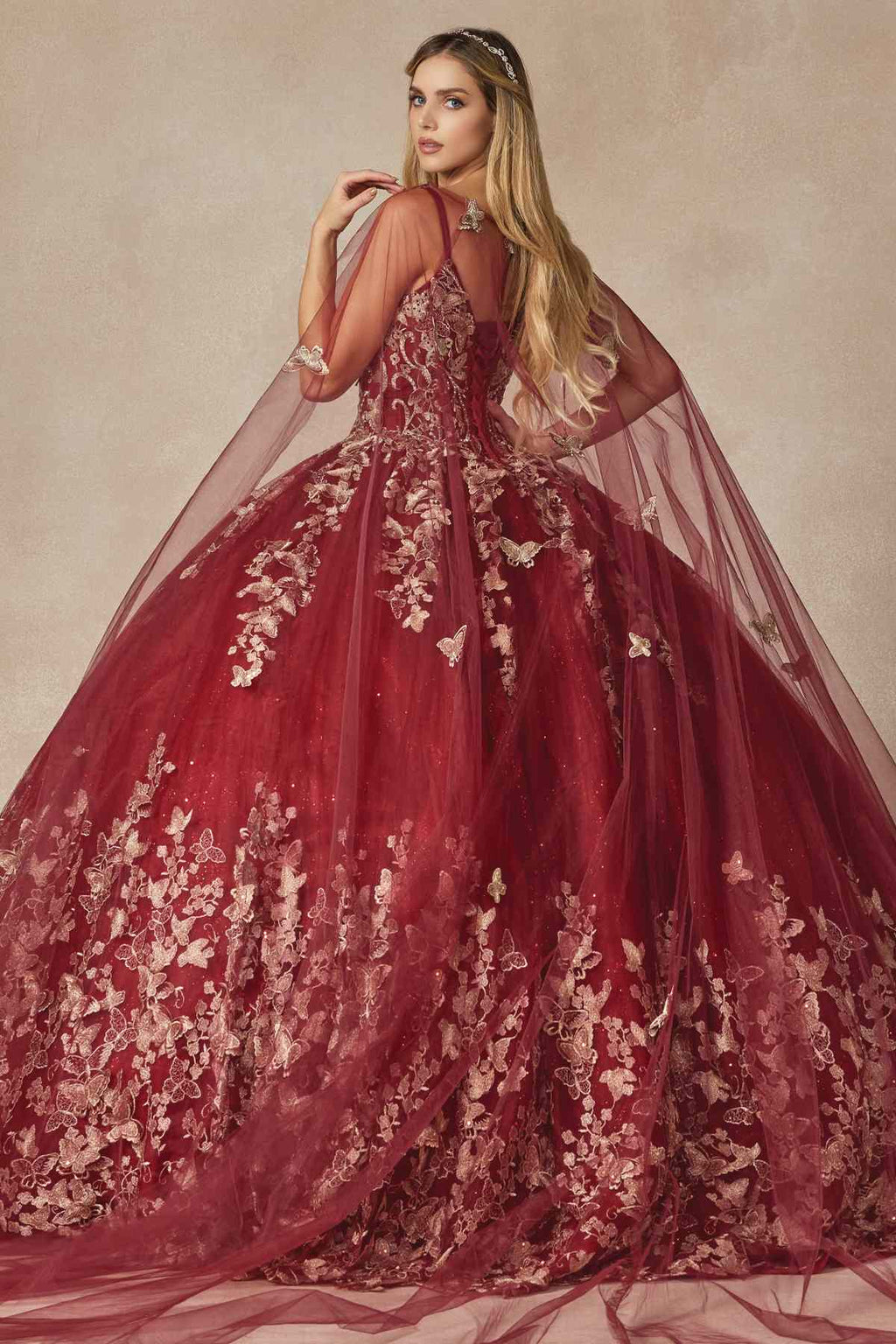 Burgundy long quinceanera dress back view with lace-up bodice and 3D butterfly appliques