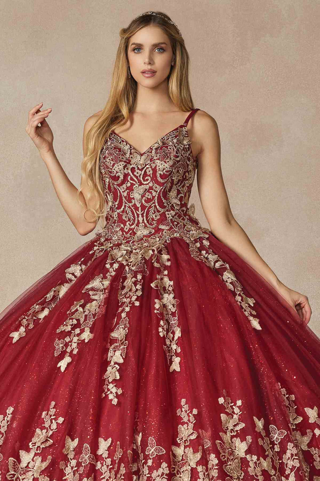 Burgundy strapless ball gown with ornate bodice and 3D butterfly appliques skirt