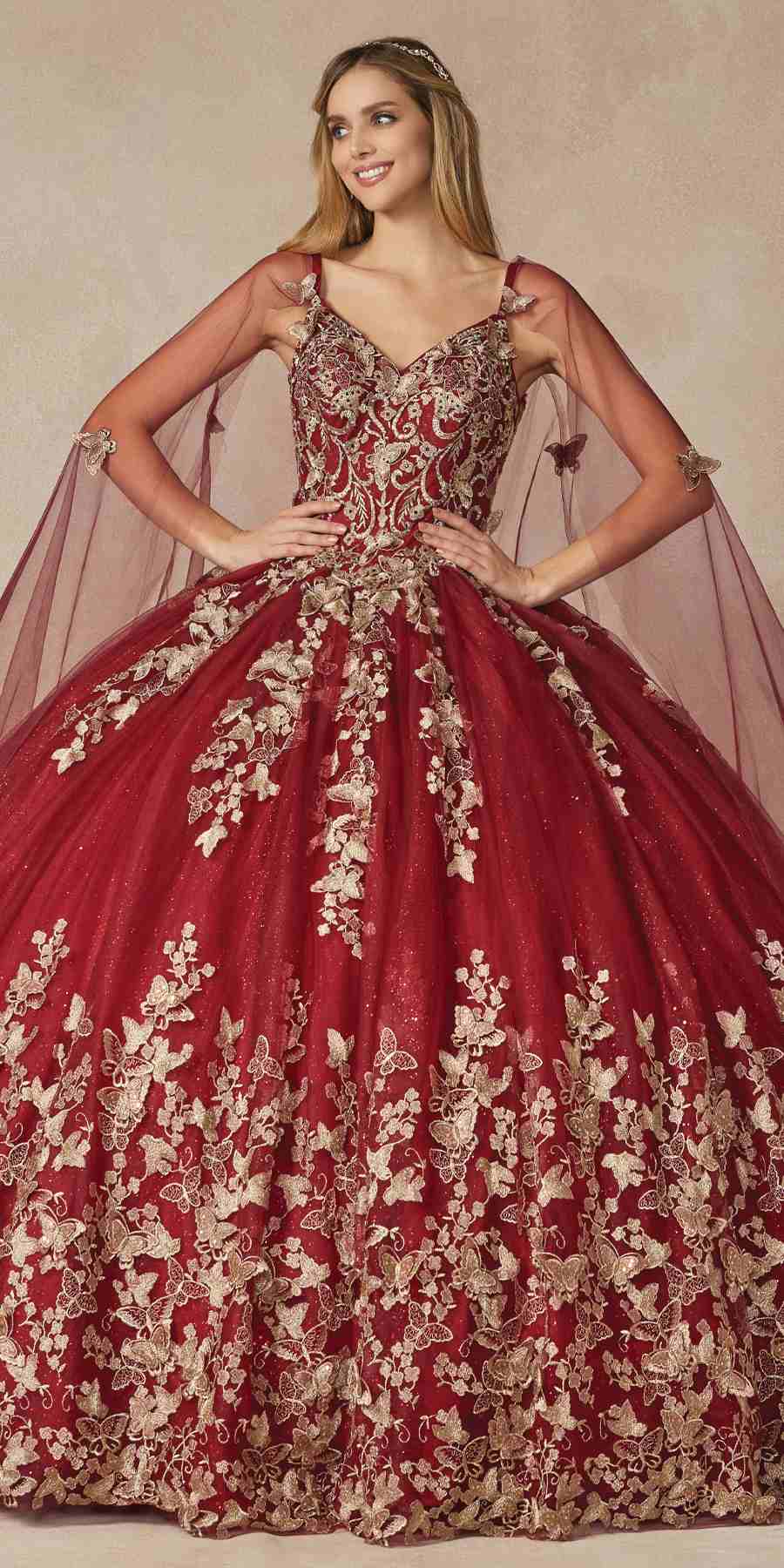 Burgundy long quinceanera dress with 3D butterfly appliques and embroidered corset bodice