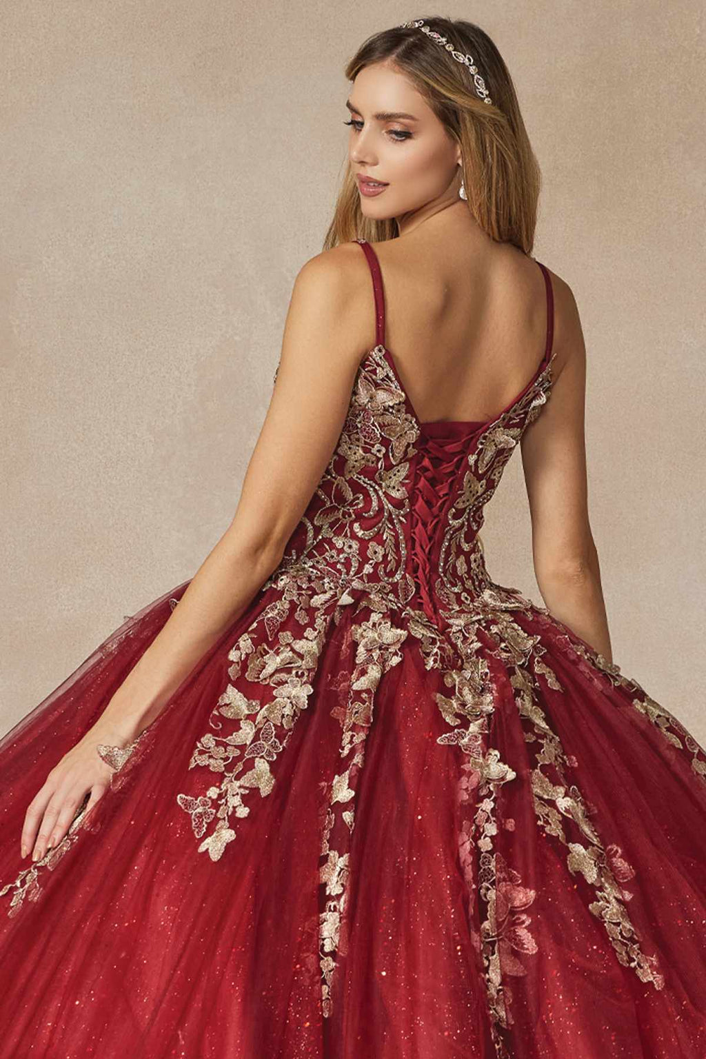 Burgundy strapless bodice ball gown with 3D butterfly appliques and sheer cape back