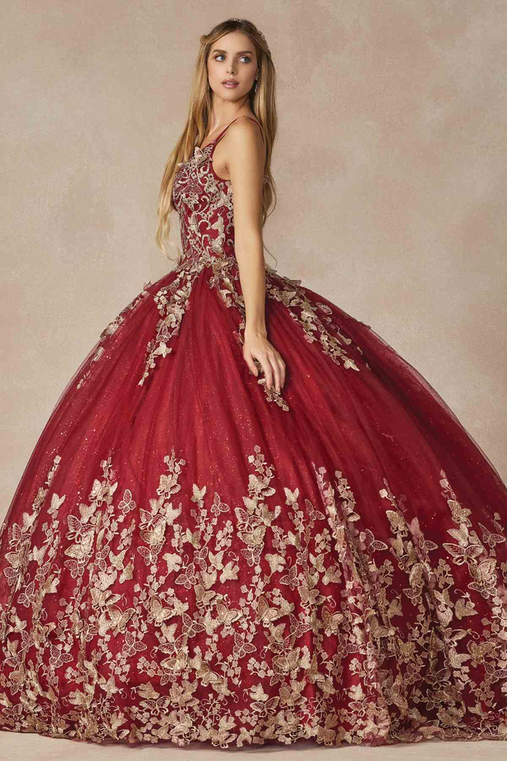 Burgundy long quinceanera dress with embroidered bodice, 3D butterfly appliques and tulle skirt