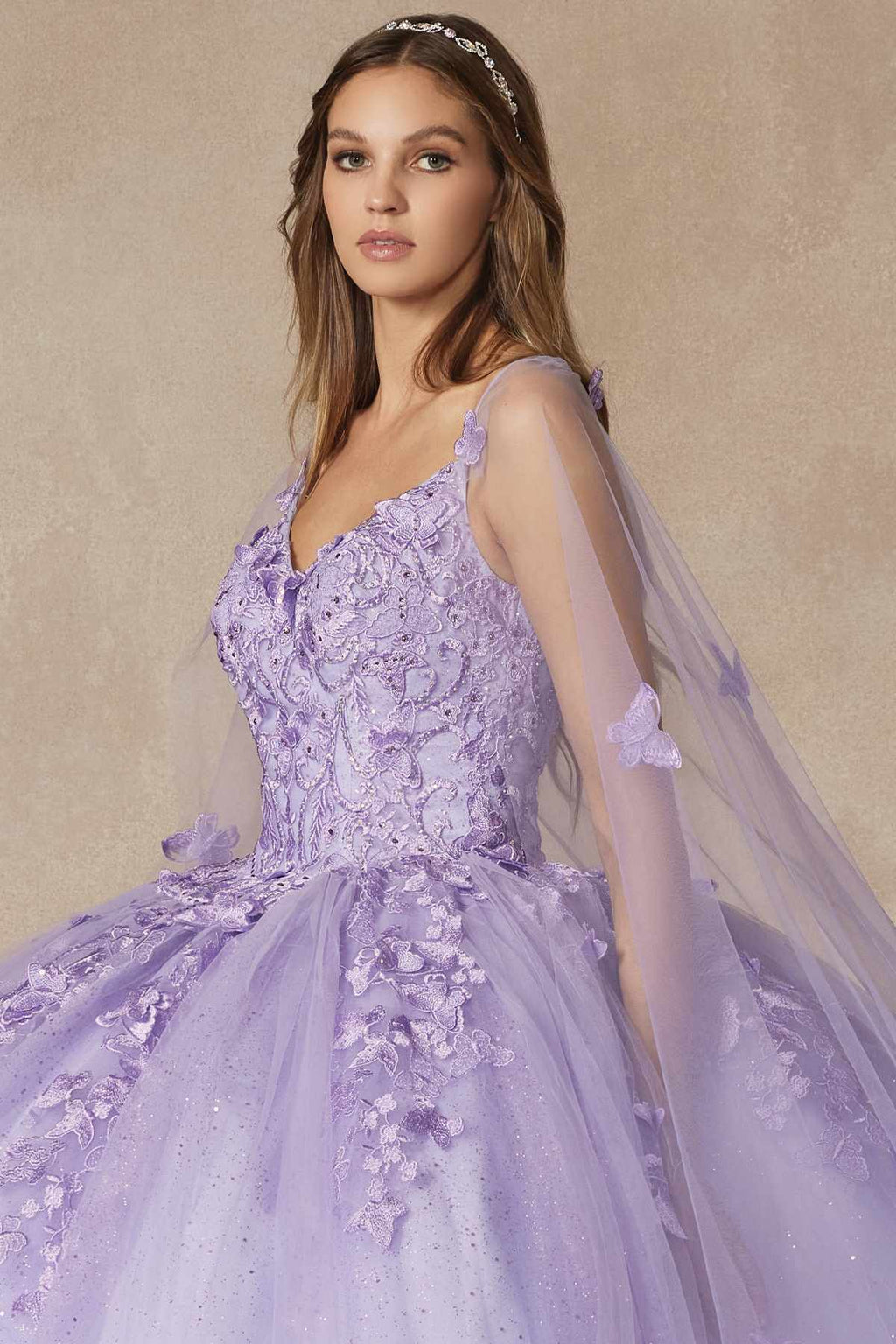 Lilac quinceanera dress with embroidered bodice and 3D butterfly appliques, sheer cape