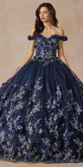 Navy blue off-shoulder ball gown with embroidered 3D floral appliques and gathered skirt