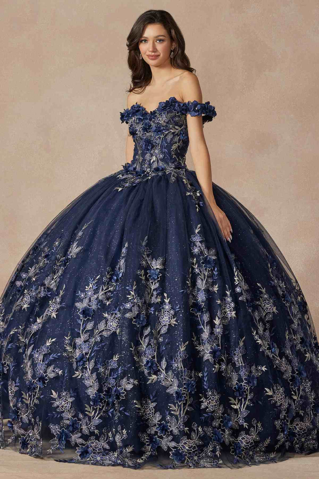 Blue off-shoulder ball gown with cap sleeves and 3D floral embroidery on the skirt