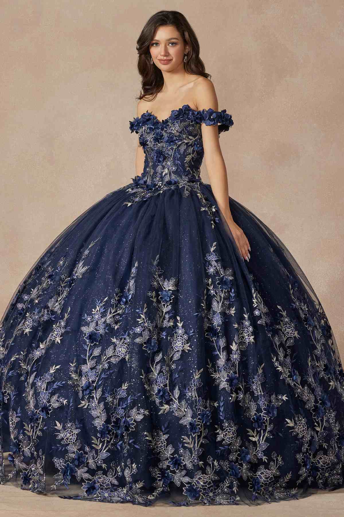 Blue off-shoulder ball gown with cap sleeves and 3D floral embroidery on the skirt