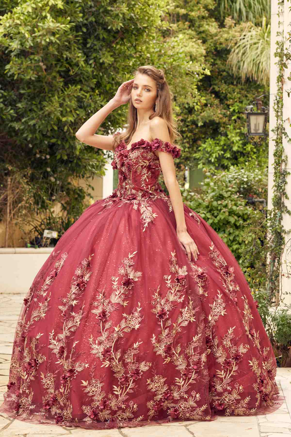 Burgundy off-shoulder ball gown with 3D floral appliques and gathered voluminous skirt