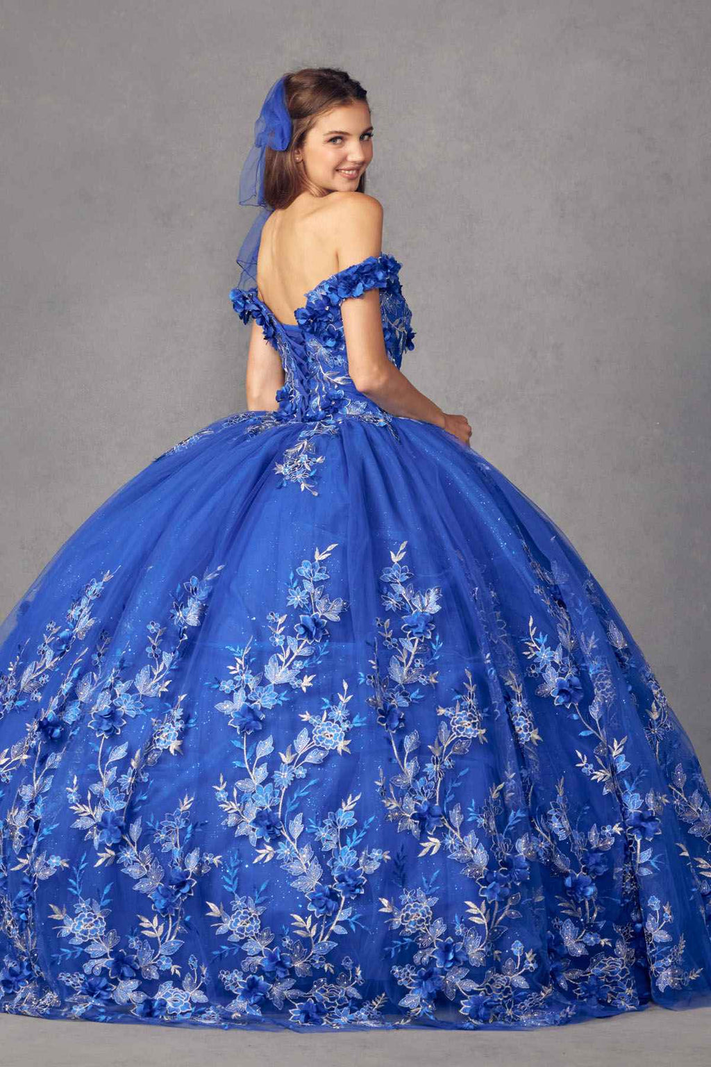 Blue ball gown viewed from back with off-shoulder sleeves and floral appliques