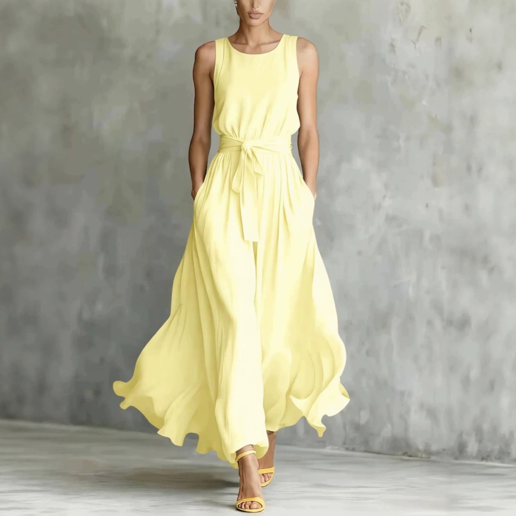 Women's light yellow sleeveless maxi dress with tied waist and flowing skirt