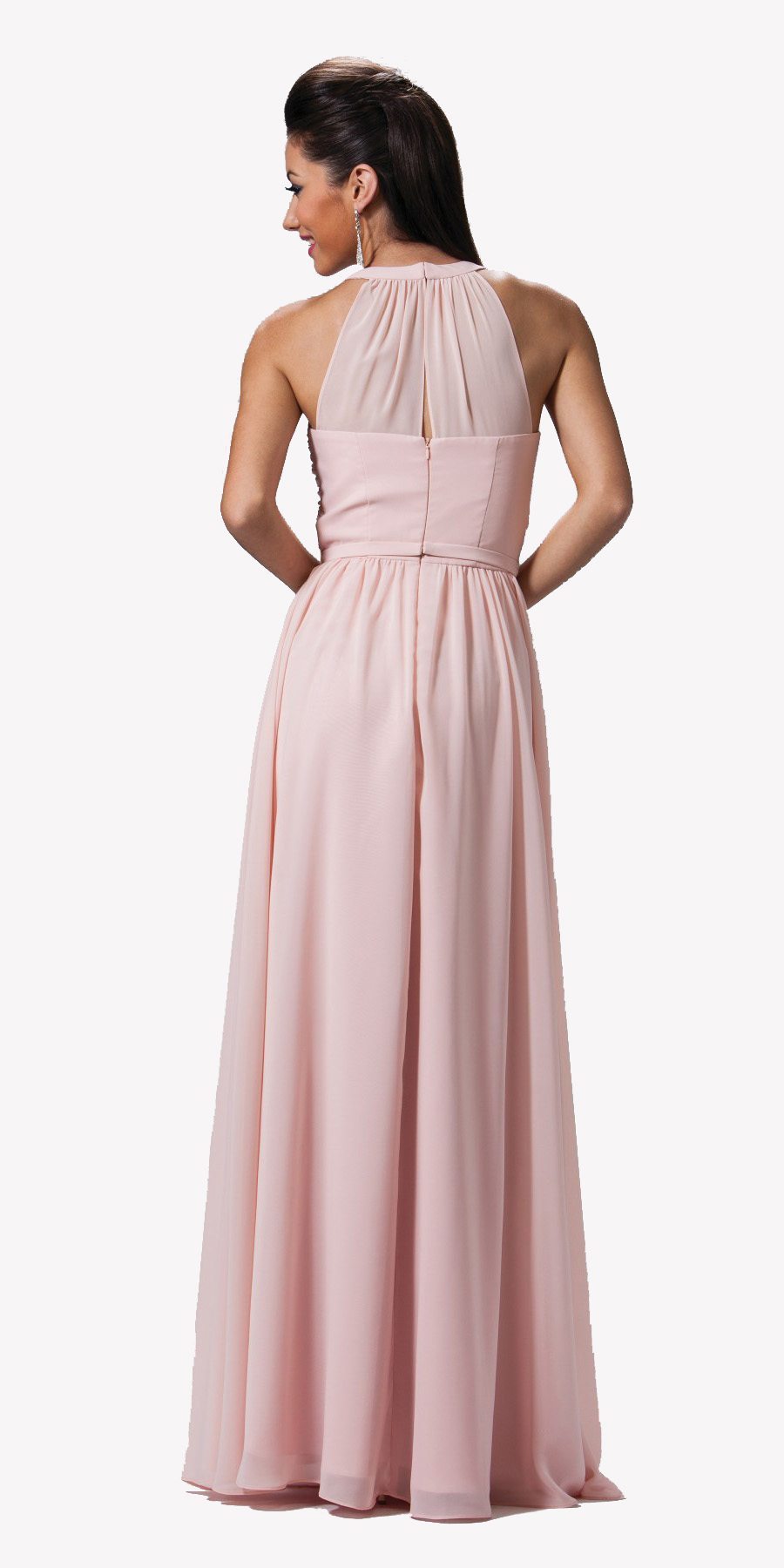 Peach high-neck illusion A-line long dress, sleeveless with low back and gathered waist