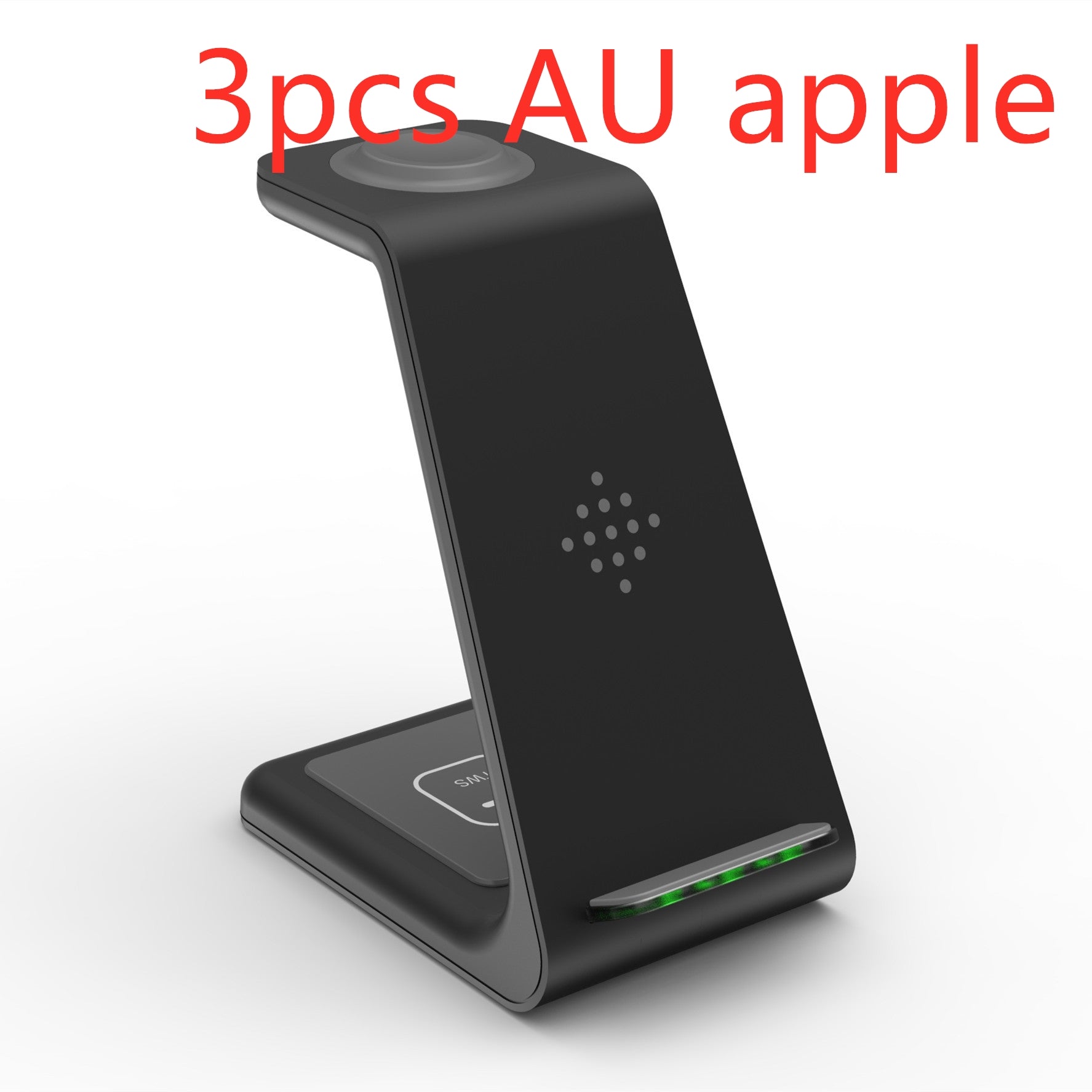 Black wireless charging stand dock with phone cradle and dual charging pads, LED strip.