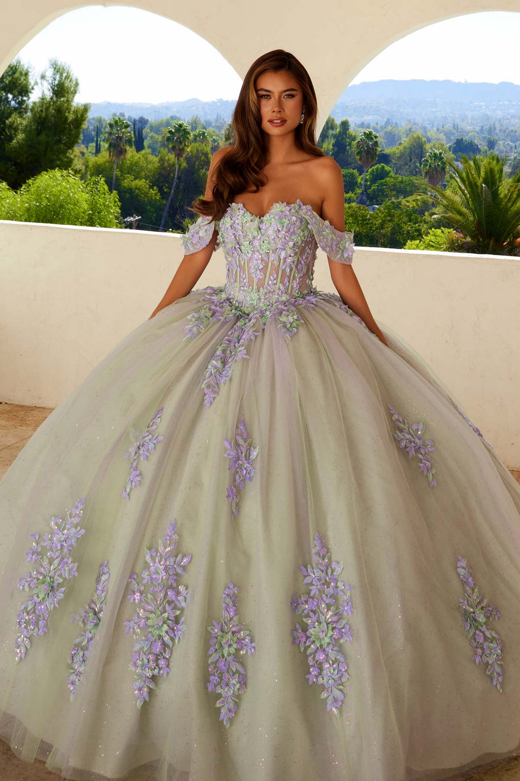 Off-shoulder ball gown with lilac floral embroidery, full tulle skirt