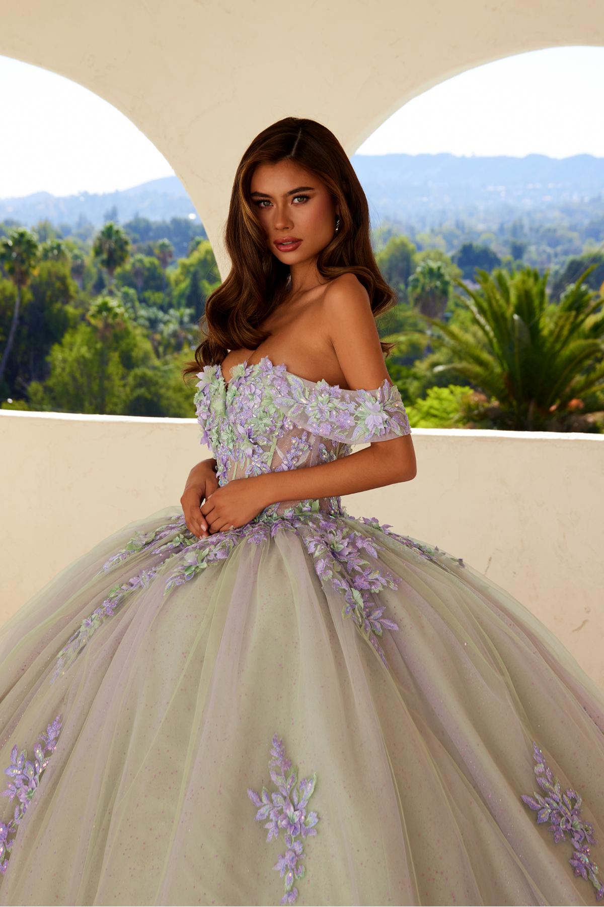Off-shoulder ball gown with lilac floral bodice and full tulle skirt