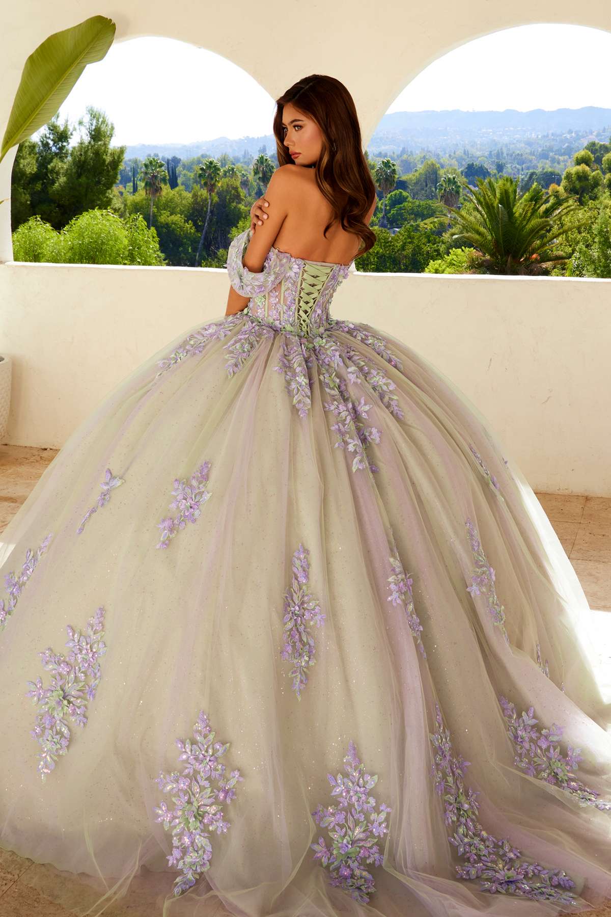 Off-shoulder ball gown with lilac floral appliques, sweetheart bodice, full tulle skirt