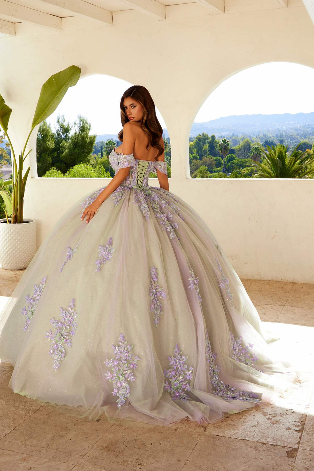 Off-shoulder ball gown with lilac floral appliques, corset bodice, voluminous tulle skirt