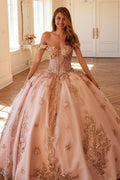 Off-shoulder blush pink ball gown with rose-gold embroidery and full tulle skirt