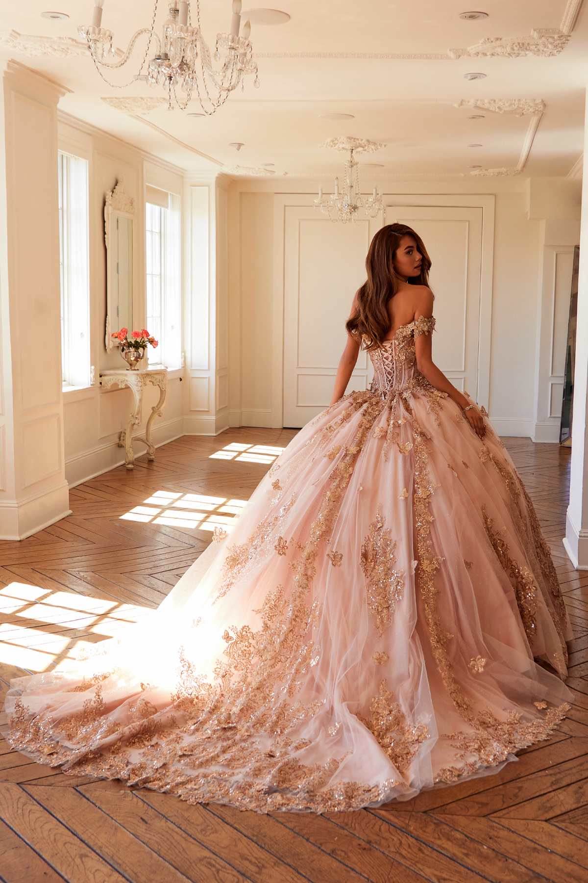 Off-shoulder blush pink ball gown with rose-gold embroidery, full length skirt