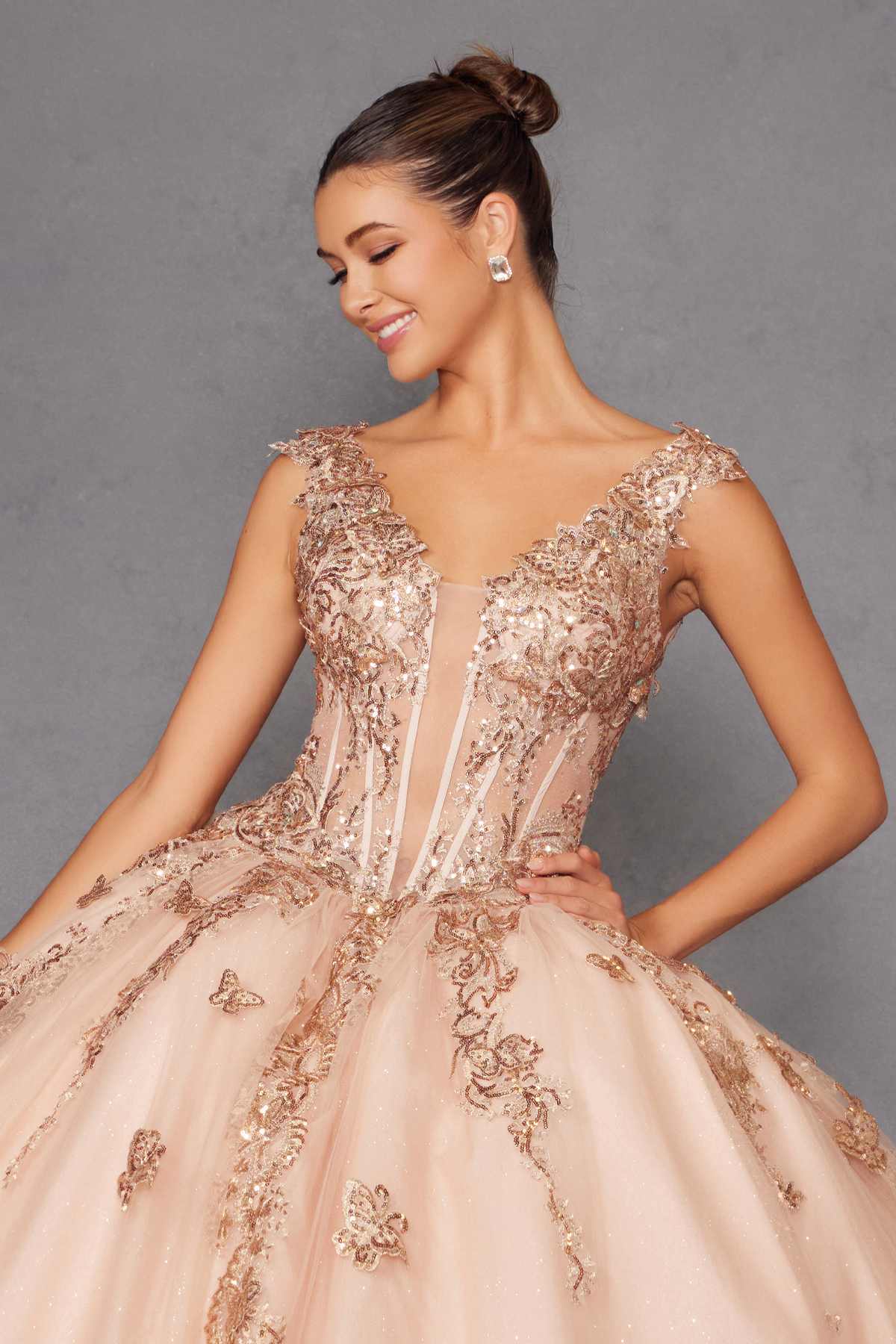 Rose gold off-shoulder ball gown with lace bodice and floral embroidery tulle skirt