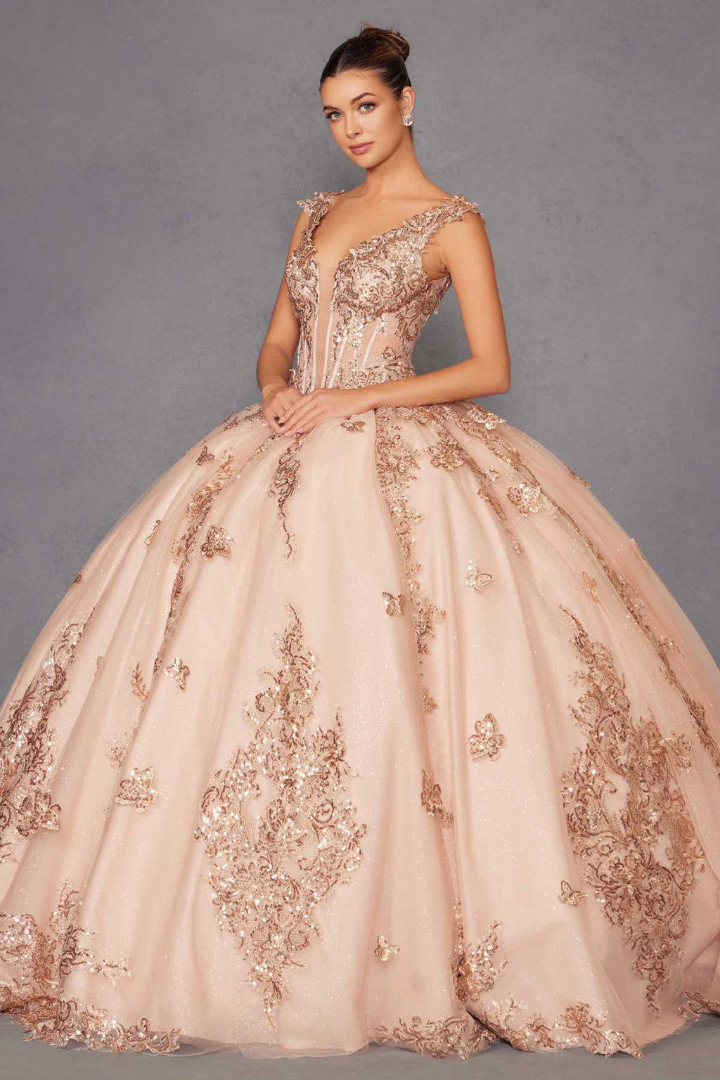 Rose gold off-shoulder ball gown with V-neck lace bodice and floral applique tulle skirt